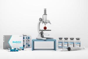 Covid-19 self test kit with vaccine and medicine on white background. 3d rendering photo