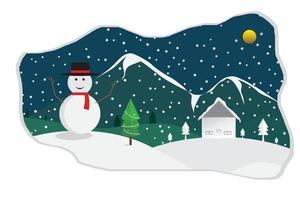 Merry Christmas and Snowman wear hat with snow fall winter night background. Vector illustration
