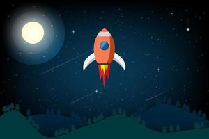 rocket shoot in night sky and moon star background. vector illustration