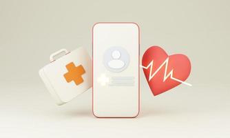 phone screen with patient id, heart disease and heart rate treatments and pills, plaster, first aid box and vaccine bottles and syringes. white and red color in concept online health check 3d render photo