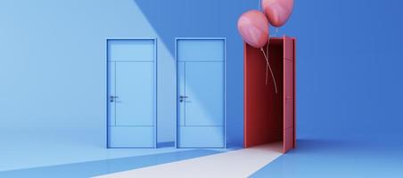 Close and open door on pastel background with sunlight shade and shadow with color balloon. 3d render photo