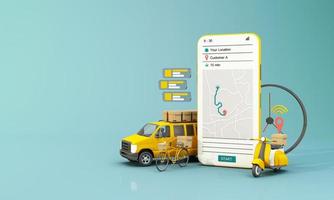 Fast delivery by scooter bike and van with mobile. E-commerce concept. Online food and shopping crate box order with route map. Webpage, app design. yellow and blue background. perspective 3d render photo