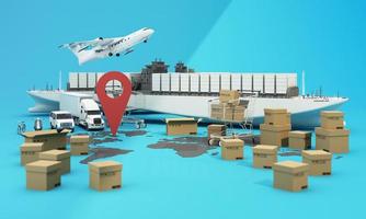 the Earth world map surrounded by cardboard boxes, a cargo container ship, a flying plane, a car, a van and a truck with gps location on blue background 3D rendering isometric view