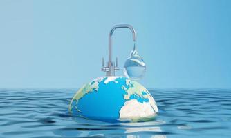 World water day saving water quality campaign and environmental protection concept. Globe sphere floating over water with faucet and water drop on a blue isolated background. 3d rendering illustration photo