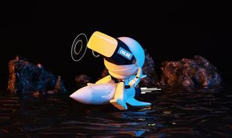 astronaut robot Riding a rocket in virtual world environments tall buildings Metaverse technology future concept. VR virtual digital reality cyber simulation Innovation connection. realistic 3d render photo