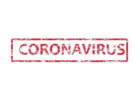 Coronavirus word in red square with grungy texture. Distressed rubber stamp vector illustration on white background.