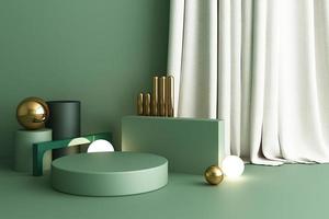 Minimal abstract geometric background with direct sunlight in shades of green and yellow. Showcase scene with empty podium for product presentation 3d rendering photo
