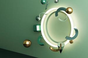 Minimal abstract geometric background with direct sunlight in shades of green and yellow. Showcase scene with empty podium for product presentation 3d rendering photo