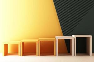 Minimal abstract geometric background with direct sunlight in shades of green and yellow. Showcase scene with empty podium for product presentation 3d rendering photo