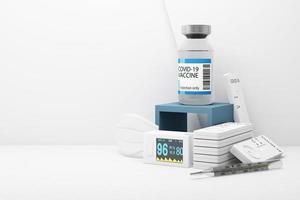 Covid-19 self test kit with vaccine and medicine on white background. 3d rendering photo