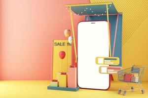 representación de teléfono móvil de compras en línea en el concepto de aplicación de pantalla móvil marketing digital con gamepad y consola de videojuegos en colores pastel y barra de estadísticas representación 3d foto