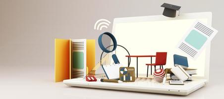 E-learning concept with laptop and wi-fi symbol surrounded by Graduate cap, open books, balloon, Ruler,statistical graph, pencil and magnifying glass on blue and yellow color tone 3d render photo