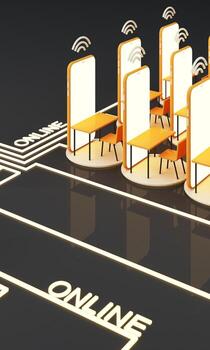 E-learning concept with laptop and wi-fi symbol surrounded by Graduate cap, open books, balloon, Ruler,statistical graph, pencil and magnifying glass on blue and yellow color tone 3d render photo