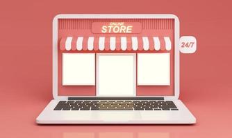 Marketplace online illustration, 3d style internet multi vendor store on laptop computer and phone screen with multi vendor stores Shop sign in orange tones and open 24 hours 3d rendering illustration photo