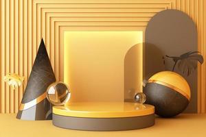 Minimal abstract geometric background with direct sunlight in shades of green and yellow. Showcase scene with empty podium for product presentation 3d rendering photo