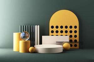 Minimal abstract geometric background with direct sunlight in shades of green and yellow. Showcase scene with empty podium for product presentation 3d rendering photo