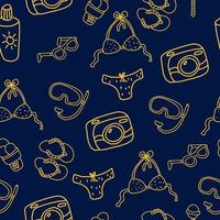 Hand-drawn simple summer seamless pattern with bikini, snorkel, sandals, camera, etc vector