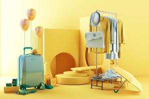 Summer shopping concept with luggage surrounded by umbrellas, shoes and cameras along with airplane models and clothes on hanger trendy geometric shapes with product stand 3d rendering photo