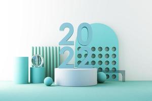 Minimal cosmetic 2022 background for product presentation. with stone and wood rock arc geometric form and podium on gray color concrete wall background. 3d render illustration. photo