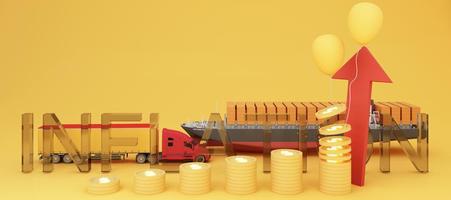 The concept of inflation is increasing. affecting international trade and transportation business in the yellow and red background and transport of the surrounding and cardboard 3d rendering photo