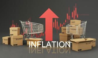 Shopping cart with red upward arrow Surrounded by cardboard boxes and stock charts on the back that are constantly rising in inflation concept. on a black background 3d render photo