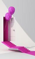 Close and open door on pastel background with sunlight shade and shadow with color balloon. 3d render photo