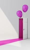 Close and open door on pastel background with sunlight shade and shadow with color balloon. 3d render photo