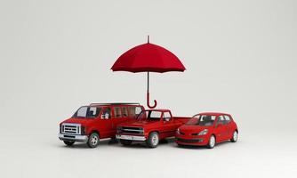 Car protection and safety assurance concept, modern red automobile sedan truck van under white text font and umbrella, isolated on red background, 3d illustration rendering isometric photo