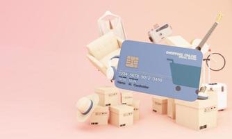 Close up of shopping online design on credit card, levitating template mockup Bank credit card with online service isolated on pink background, digital coin, wallet, copy space 3d rendering photo