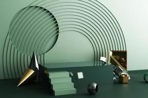 Minimal abstract geometric background with direct sunlight in shades of green and yellow. Showcase scene with empty podium for product presentation 3d rendering photo