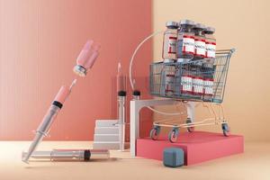Covid-19 self test kit with vaccine and medicine on background. 3d rendering photo