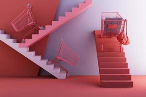 Clothes mannequins a hanger surrounding by bag and market prop with geometric shape on the floor in pink and blue color. 3d rendering photo