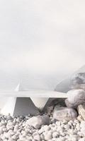 Minimal cosmetic background for product presentation. with stone and wood rock arc geometric form and podium on gray color concrete wall background. 3d render illustration. photo