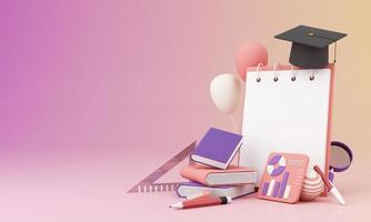 concepto de aprendizaje con papel blanco a bordo rodeado de gorra graduada, libros abiertos, globo, regla, gráfico estadístico, lápiz y lupa sobre fondo rosa y morado 3d renderizado foto