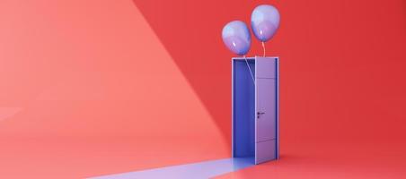 Close and open door on pastel background with sunlight shade and shadow with color balloon. 3d render photo