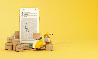 Fast delivery by scooter bike and van with mobile. E-commerce concept. Online food and shopping crate box order with route map. Webpage, app design. yellow and blue background. perspective 3d render photo