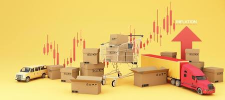 The concept of inflation is increasing. affecting international trade and transportation business in the yellow and red background and transport of the surrounding and cardboard 3d rendering photo