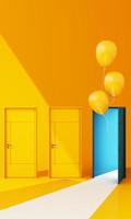 Close and open door on pastel background with sunlight shade and shadow with color balloon. 3d render photo