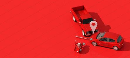 Car protection and safety assurance concept, modern red automobile sedan truck van under white text font and umbrella, isolated on red background, 3d illustration rendering isometric photo