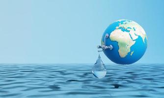 día mundial del agua campaña de ahorro de calidad del agua y concepto de protección ambiental. esfera de globo flotando sobre el agua con grifo y gota de agua sobre un fondo azul aislado. ilustración de renderizado 3d foto