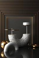 Minimal abstract geometric background with direct sunlight in shades of green and yellow. Showcase scene with empty podium for product presentation 3d rendering photo