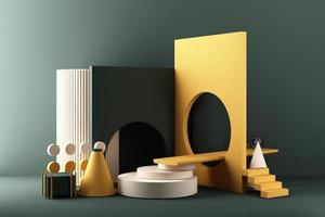 Minimal abstract geometric background with direct sunlight in shades of green and yellow. Showcase scene with empty podium for product presentation 3d rendering photo