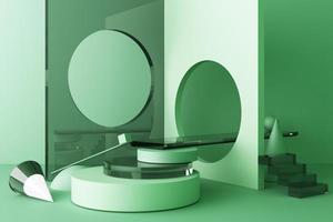 Minimal abstract geometric background with direct sunlight in shades of green and yellow. Showcase scene with empty podium for product presentation 3d rendering photo