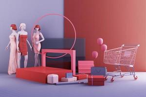 Clothes mannequins a hanger surrounding by bag and market prop with geometric shape on the floor in pink and blue color. 3d rendering photo