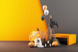 cabeza de calabaza de halloween de octubre que crece con forma geométrica con maqueta de soporte de producto para presente sobre fondo de color renderizado 3d foto