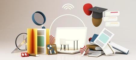 E-learning concept with laptop and wi-fi symbol surrounded by Graduate cap, open books, balloon, Ruler,statistical graph, pencil and magnifying glass on blue and yellow color tone 3d render photo