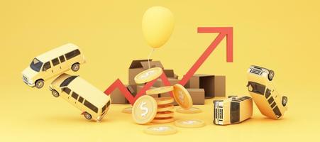 The concept of inflation is increasing. affecting international trade and transportation business in the yellow and red background and transport of the surrounding and cardboard 3d rendering photo