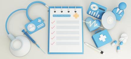 Health insurance concept with words coverage, protection, risk, and security online medicine on a virtual screen and a cartoon wood hand touching a button, isolated on blue background 3d rendering photo