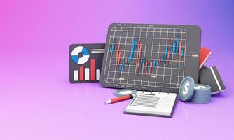 A guide for people entering the cryptocurrency market with a price chart and a pencil and note paper to study color background 3d render photo