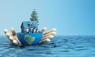 World water day saving water quality campaign and environmental protection concept. Globe sphere floating over water with faucet and water drop on a blue isolated background. 3d rendering illustration photo
